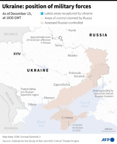 Map of areas controlled by Ukrainian and Russian forces in Ukraine, as of December 15, 1830 GMT