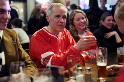 Mark Carney attends a hockey watch party in Ottawa in February 2025
