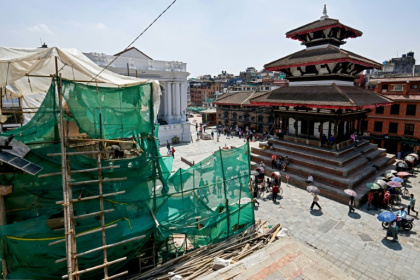 An under-construction heritage structure at  Hanuman Dhoka Durbar Square in Kathmandu
