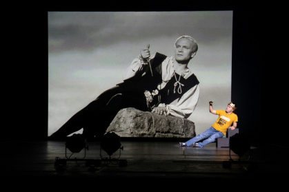 Jaime Cruz, a member of the Peruvian company  Teatro La Plaza, who has Down syndrome, performs during a dress rehearsal of their production 'Hamlet' at The Barbican Theatre in London