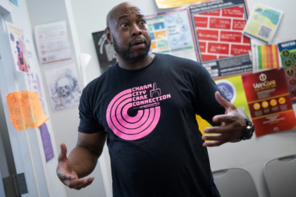 Bakari Atiba, Director of Community Engagement, speaks to AFP at the Charm City Care Connection centre in Baltimore, Maryland on June 10, 2025 - ANDREW CABALLERO-REYNOLDS (AFP)