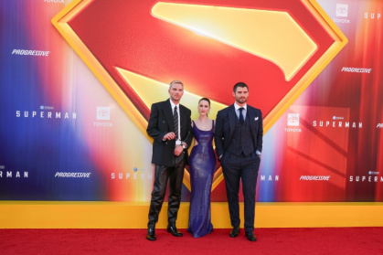 The new 'Superman' film stars US actor David Corenswet (right) as the new Clark Kent/Superman, with Rachel Brosnahan (center) playing love interest Lois Lane and British actor Nicholas Hoult (left) as arch-villain Lex Luthor - VALERIE MACON (AFP)