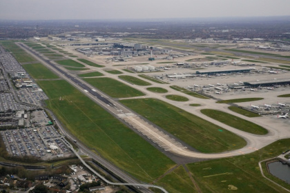 An aerial photograph taken on March 21, 2025 shows planes parked on the tarmac of Heathrow Airport, which has submitted a $49 billion to expand the site and build a third runway - STR (AFP)