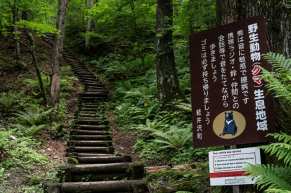 A sign warning hikers about bears at Shiraito Falls, north of the resort town of Karuizawa, Nagano prefecture - Richard A. Brooks (AFP)
