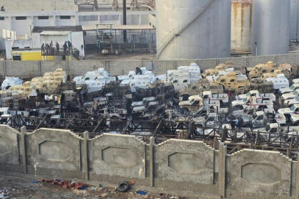 A photograph shows military vehicles, allegedly sent by the UAE to support separatist forces, that were damaged in an air strike carried out by the Saudi-led coalition in Yemen - STRINGER (AFP)
