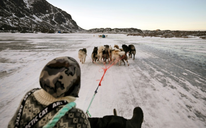 On thinning ice: musher Nukaaraq Lennert Olsen rides with his sled dogs near Sisimiut in western Greenland - Ina FASSBENDER (AFP)