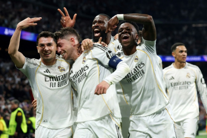 Federico Valverde (2L) scored all thre goals as Real Madrid took control of their Champions League tie against Manchester City - Pierre-Philippe MARCOU (AFP)