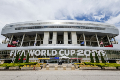 A freshly installed FIFA World Cup 2026 sign hangs over the entrance at Kansas City Stadium - Austin Johnson (AFP)