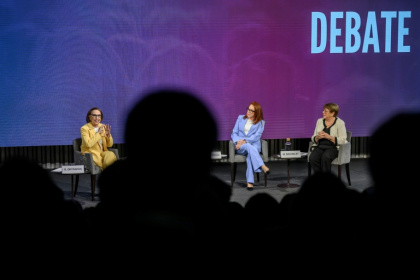 Rebeca Grynspan, Maria Fernanda Espinosa and Michelle Bachelet took part in a debate in Geneva as they run to become the next UN chief - Fabrice COFFRINI (AFP)