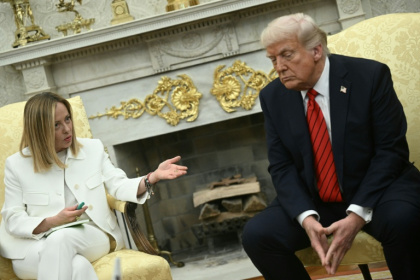 US President Donald Trump, pictured with Giorgia Meloni at the White House in April 2025, accused the Italian prime minister of trying to repair relations with Washington for domestic political reasons - Brendan SMIALOWSKI (AFP)