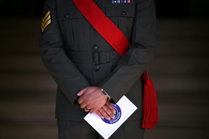 A member of the military stands guard on the first day of the 2026 Wimbledon Championships - Kirill KUDRYAVTSEV (AFP)