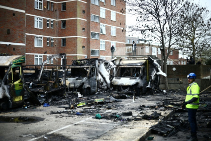 Burnt out ambulances are pictured at the scene of an antisemitic arson attack in the Golders Green neighbourhood of north London, in March 2026 - Henry NICHOLLS (AFP)